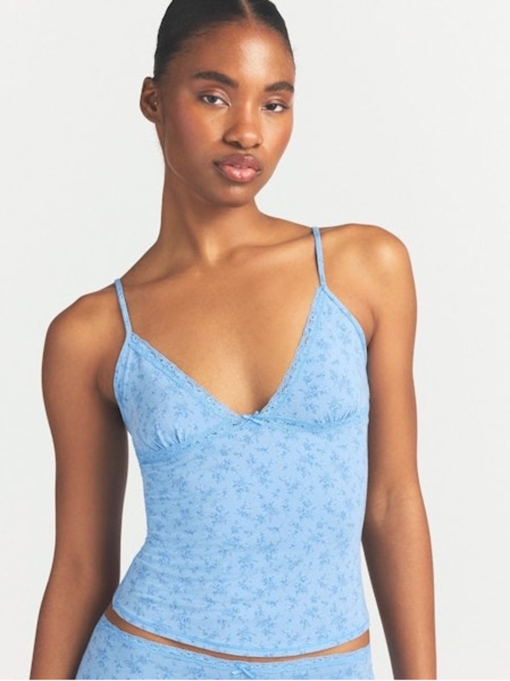 SKIMS Light Blue Floral Lace-Trim Cami Set